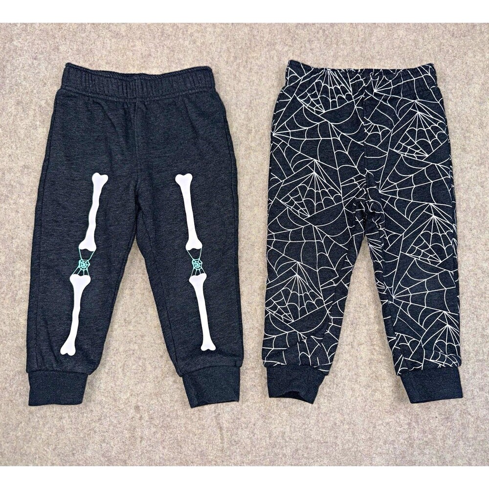 Cat & Jack Boys Toddler Size 2T Black Jogger Pants Skeleton Spiderweb Set of 2